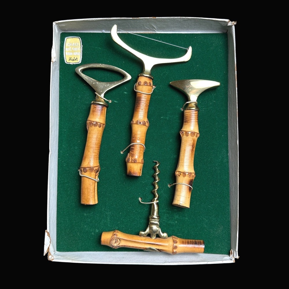 Vintage Hadar Israel Handmade Bamboo Brass Bar Tool Set 4 Piece Mid Century MCM